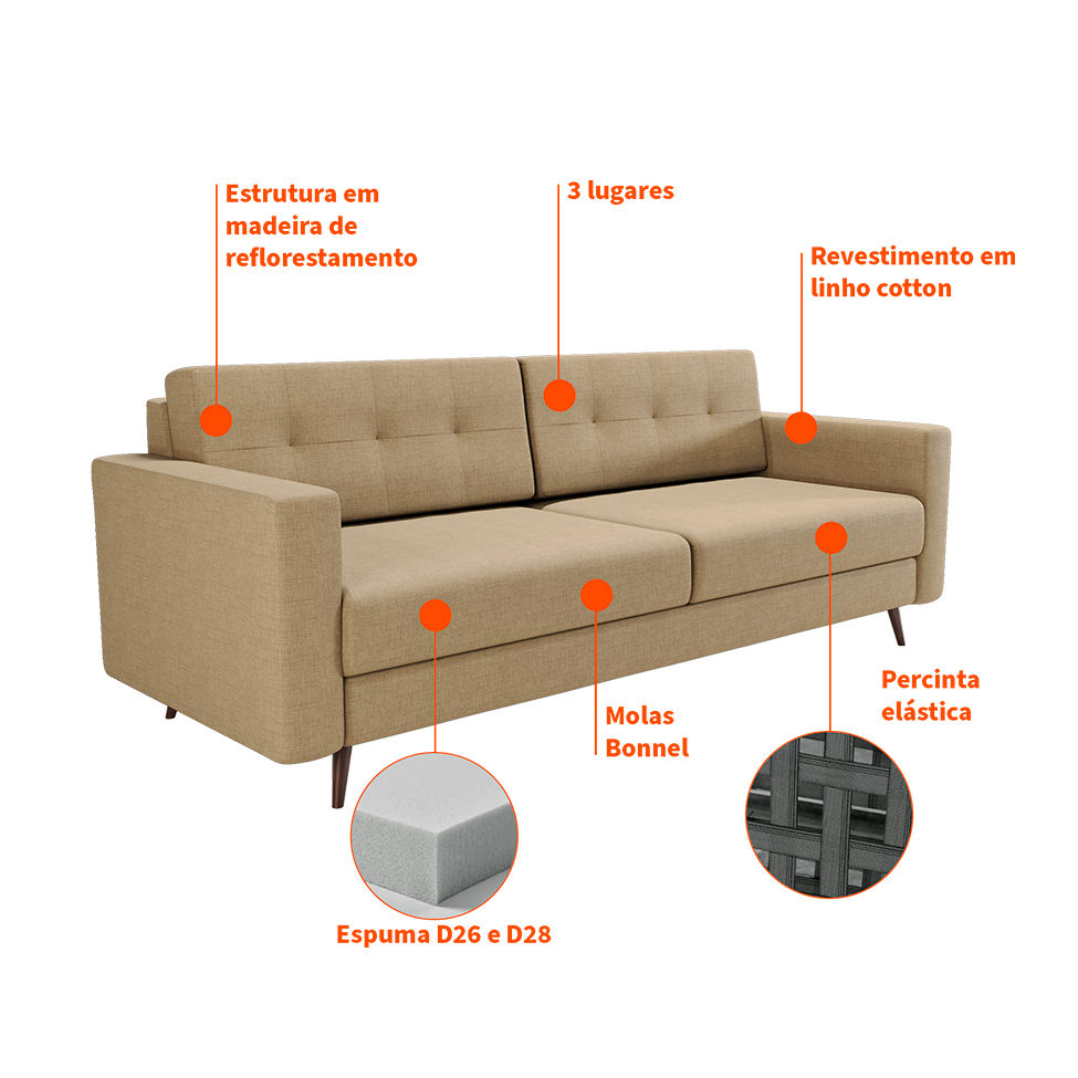 Sofá 3 Lugares Living Pé Palito Linho Cotton Bege 180 cm