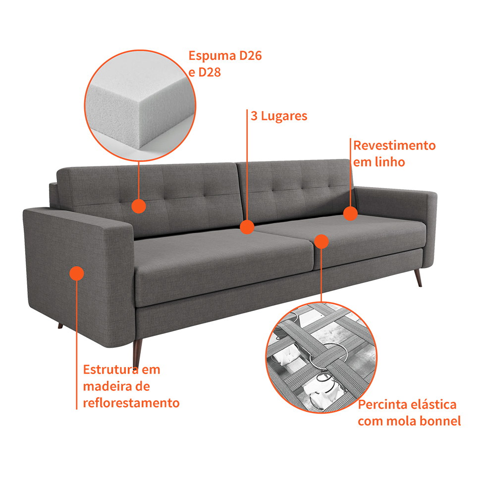 Sofá 3 Lugares Living Pé Palito Linho Cotton Cinza 210 cm