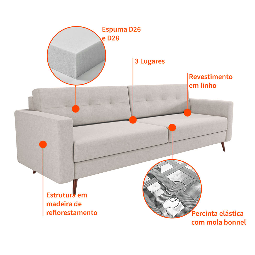 Sofá 3 Lugares Living Pé Palito Linho Cotton Cru 210 cm