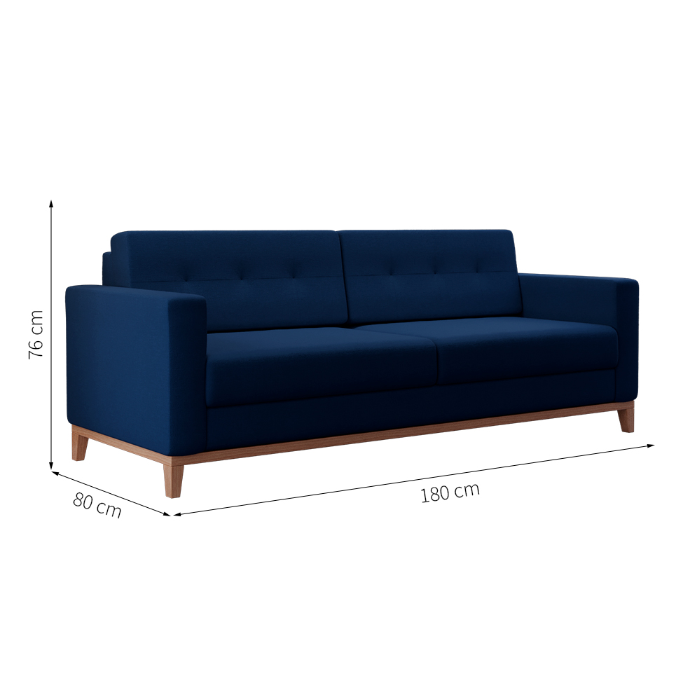 Sofá 3 Lugares Living Pés e Base em Madeira Linho Cotton Azul Marinho 180 cm