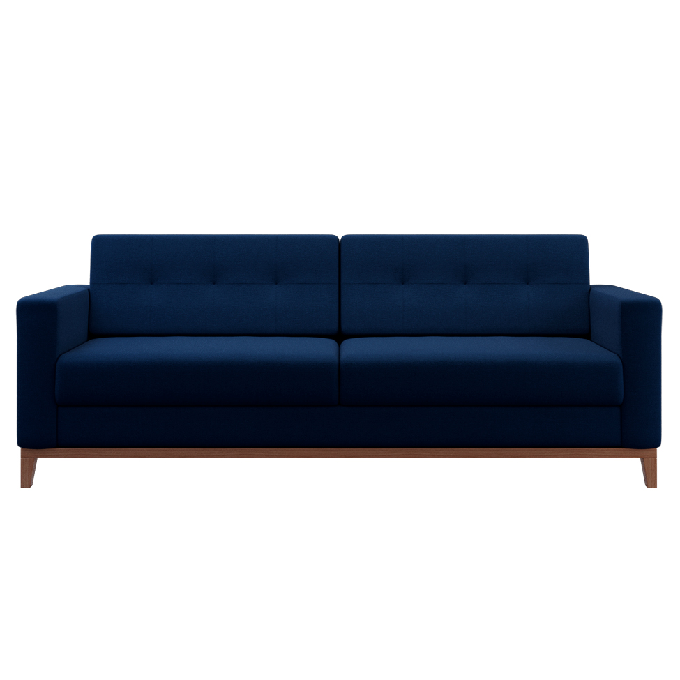 Sofá 3 Lugares Living Pés e Base em Madeira Linho Cotton Azul Marinho 180 cm
