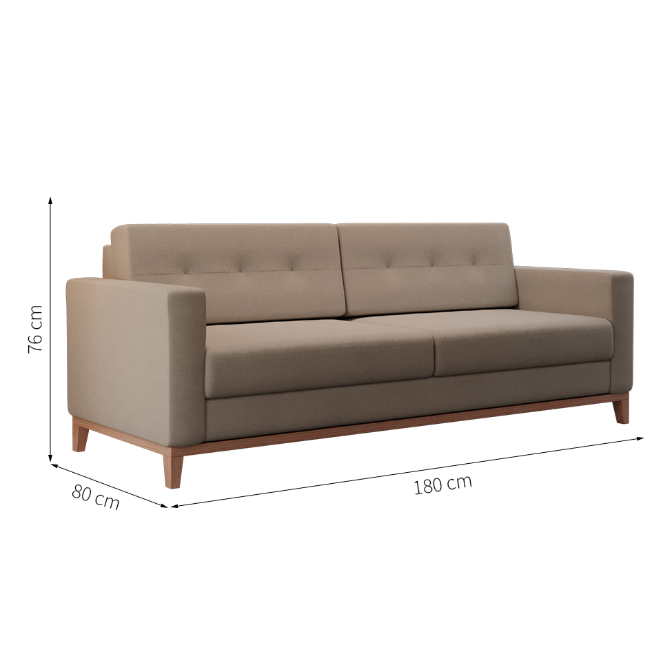 Sofá 3 Lugares Living Pés e Base em Madeira Linho Cotton Bege 180 cm