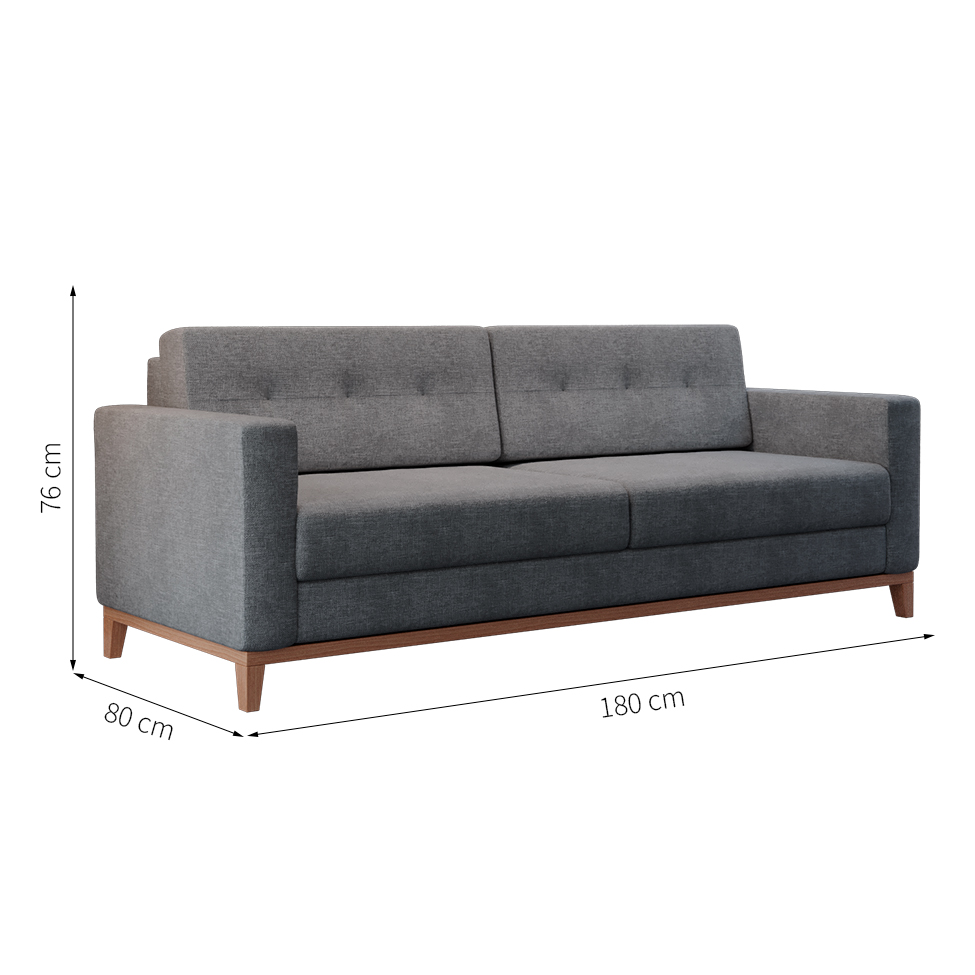 Sofá 3 Lugares Living Pés e Base em Madeira Linho Cotton Cinza 180 cm