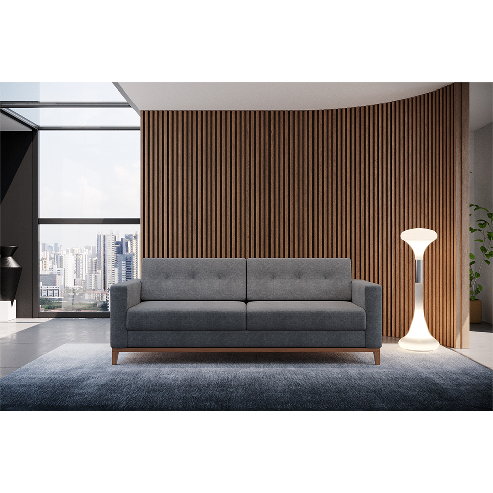 Sofá 3 Lugares Living Pés e Base em Madeira Linho Cotton Cinza 180 cm