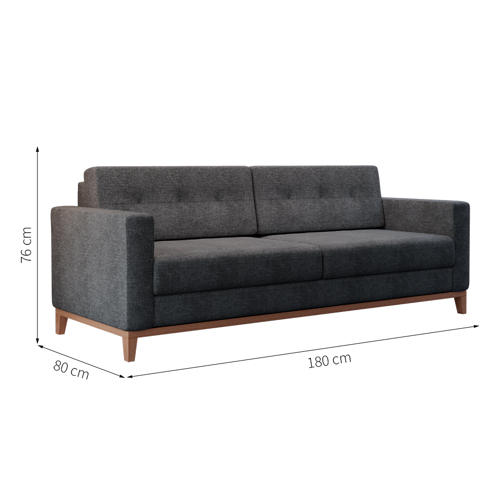 Sofá 3 Lugares Living Pés e Base em Madeira Linho Cotton Grafite 180 cm