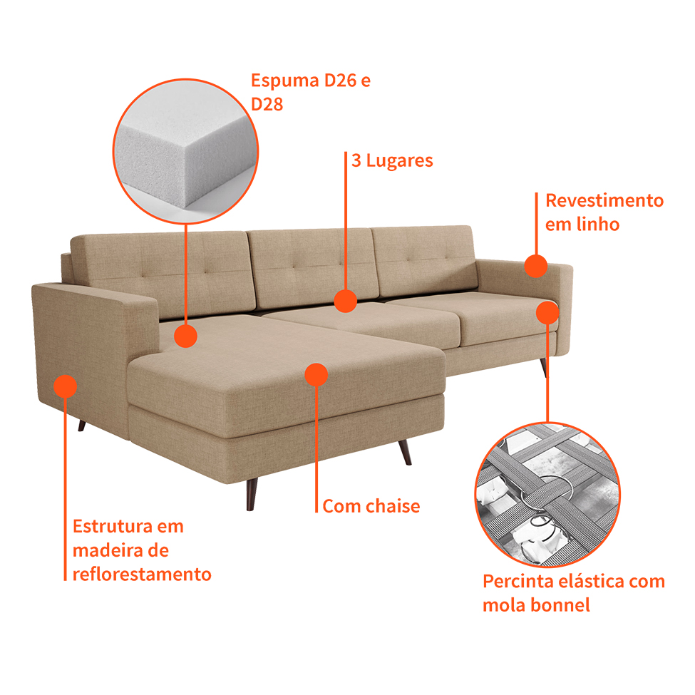 Sofá 3 Lugares Living com Chaise Esquerdo Pé Palito Linho Cotton Bege