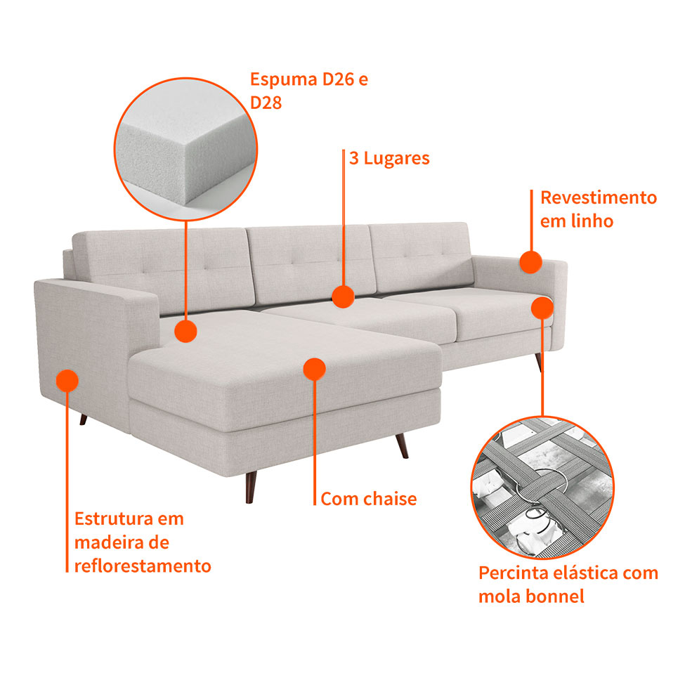 Sofá 3 Lugares Living com Chaise Esquerdo Pé Palito Linho Cotton Cru