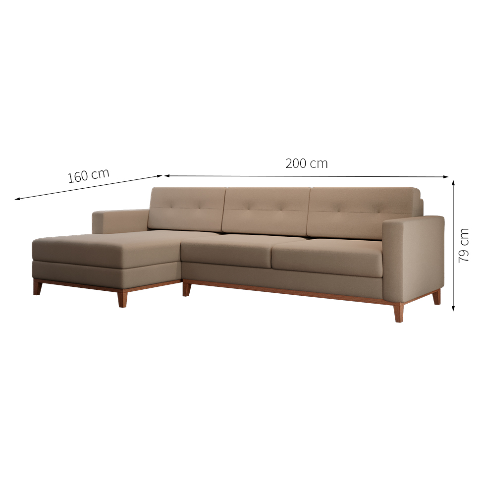 Sofá 3 Lugares Living com Chaise Esquerdo Pés e Base em Madeira Linho Cotton Bege
