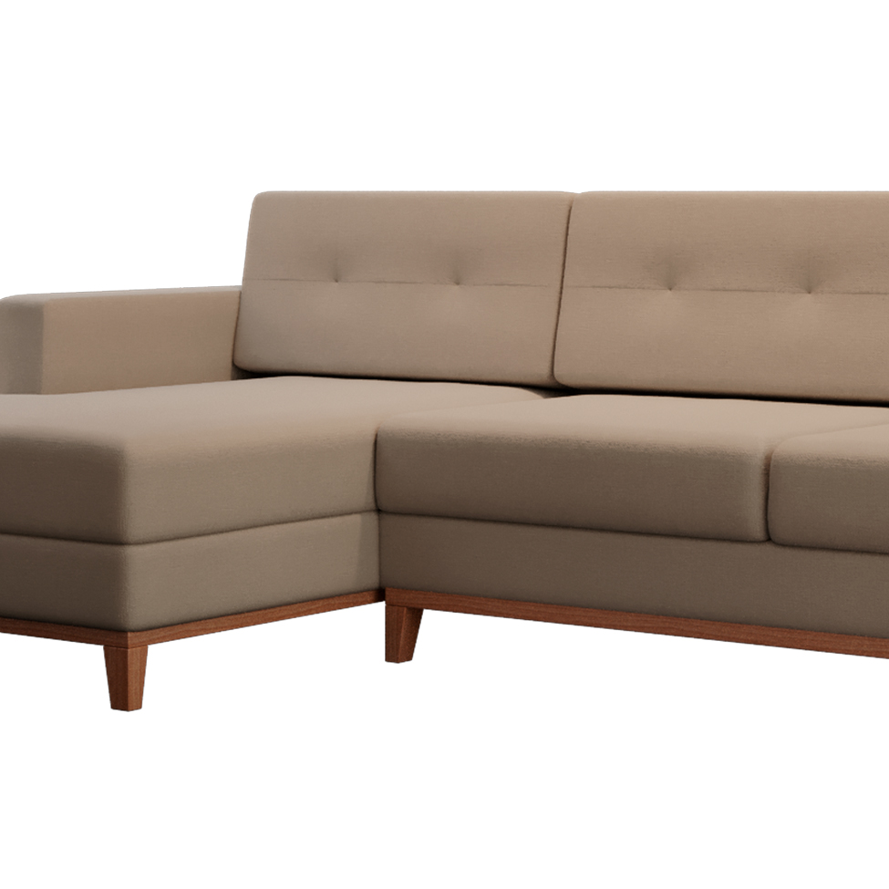 Sofá 3 Lugares Living com Chaise Esquerdo Pés e Base em Madeira Linho Cotton Bege
