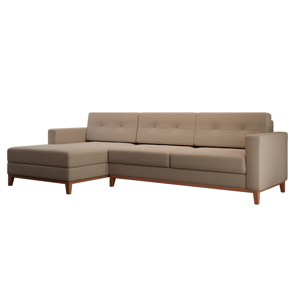 Sofá 3 Lugares Living com Chaise Esquerdo Pés e Base em Madeira Linho Cotton Bege
