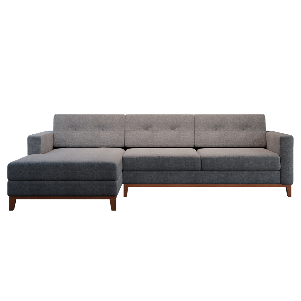 Sofá 3 Lugares Living com Chaise Esquerdo Pés e Base em Madeira Linho Cotton Cinza