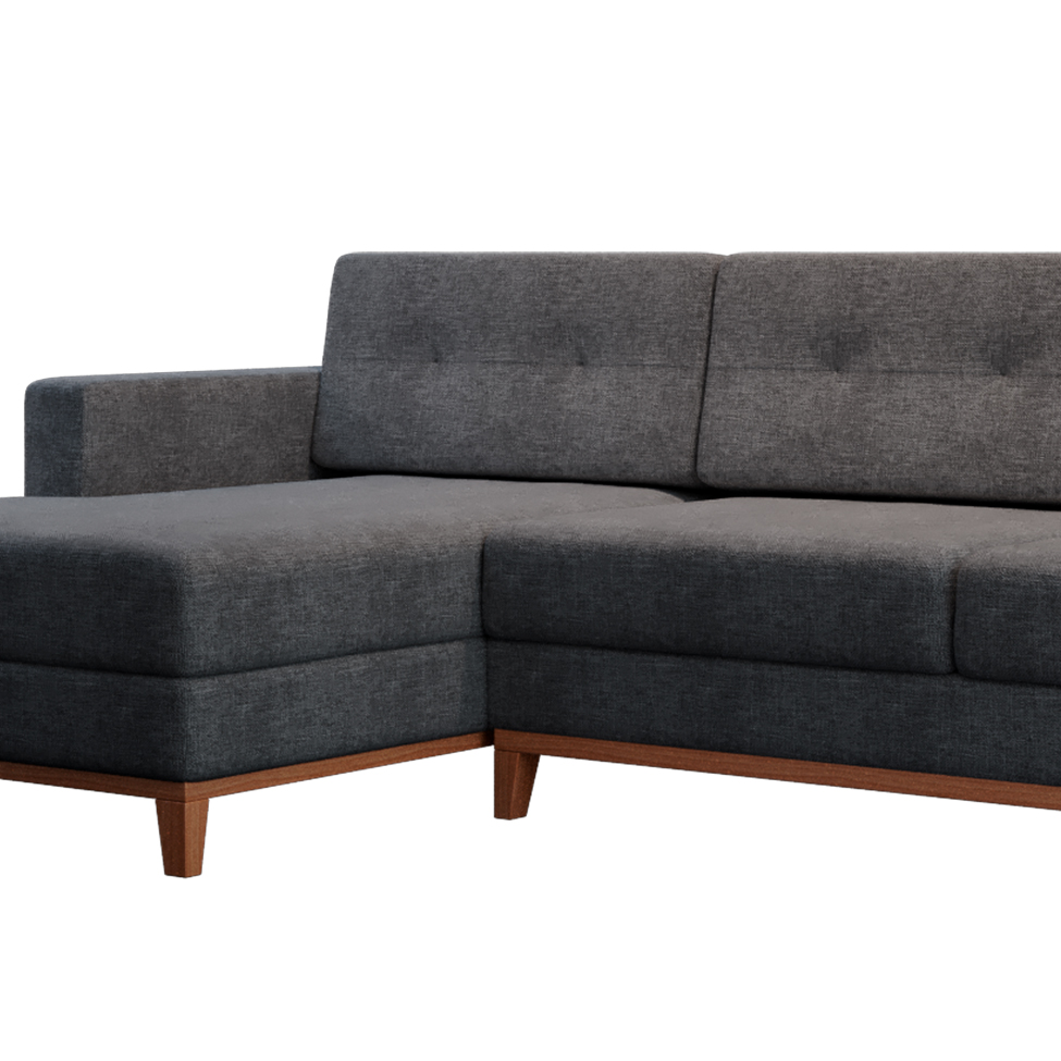 Sofá 3 Lugares Living com Chaise Esquerdo Pés e Base em Madeira Linho Cotton Grafite