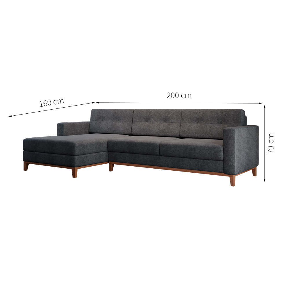 Sofá 3 Lugares Living com Chaise Esquerdo Pés e Base em Madeira Linho Cotton Grafite