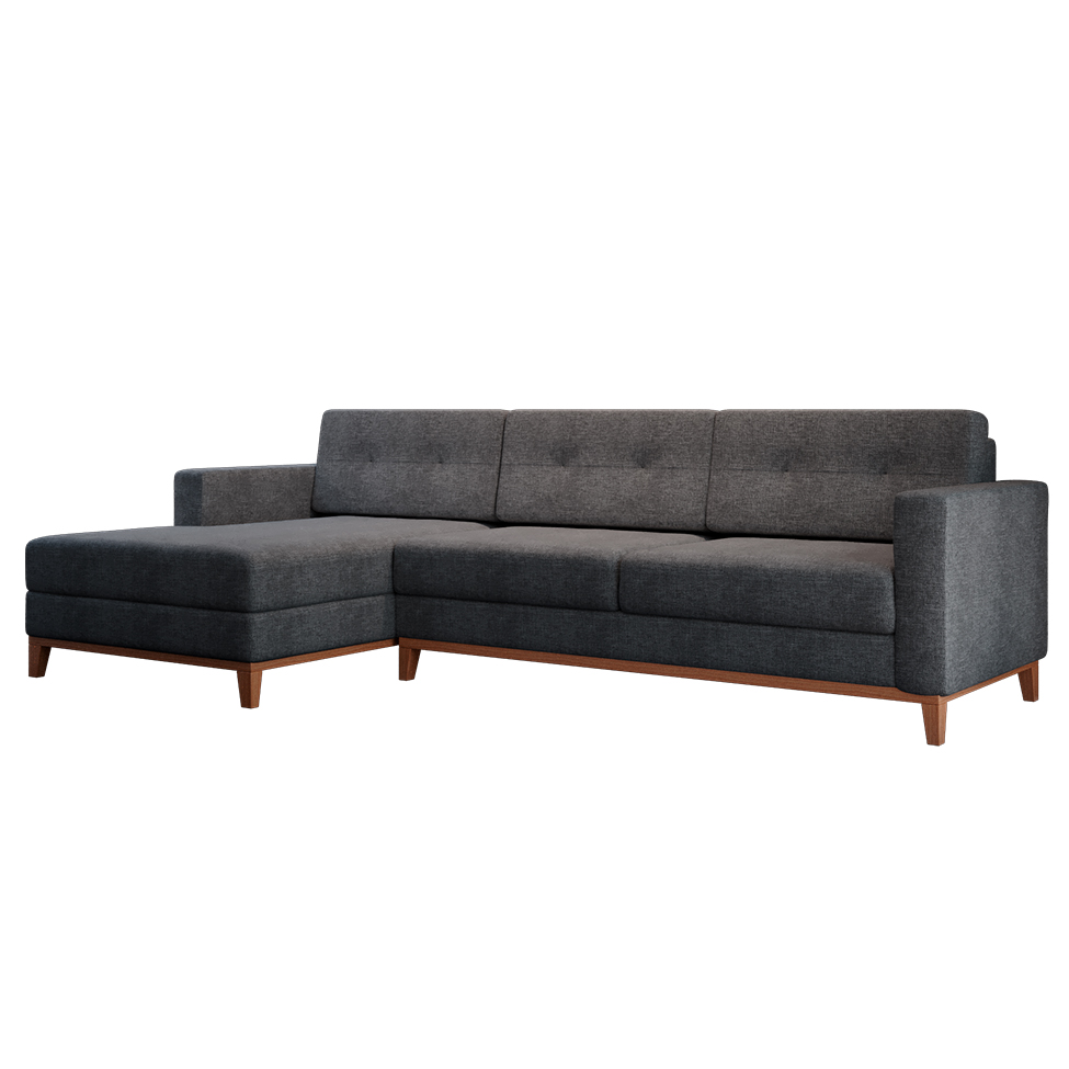 Sofá 3 Lugares Living com Chaise Esquerdo Pés e Base em Madeira Linho Cotton Grafite