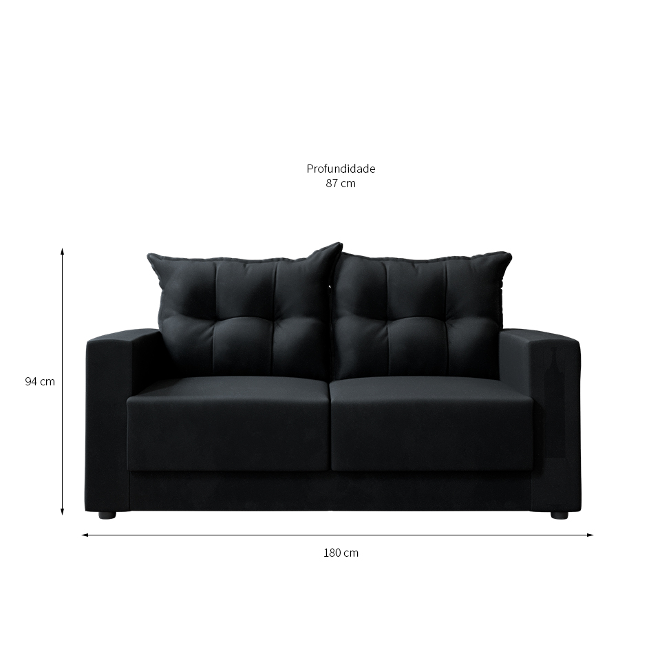 Sofá 3 Lugares Lubeck Suede Preto 180 cm