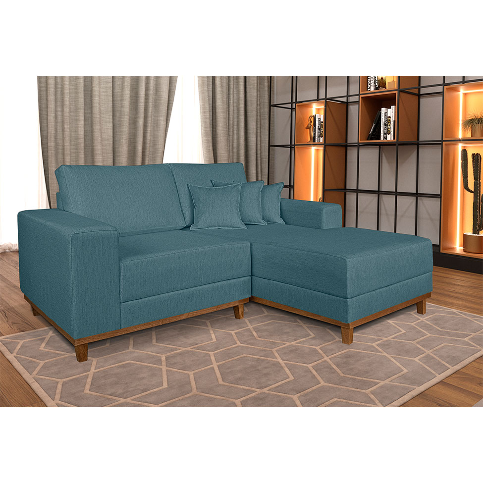 Sofá 3 Lugares Mônaco com Chaise Direito Linho Azul Claro