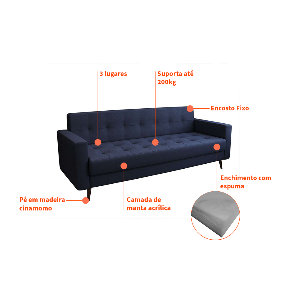 Sofá 3 Lugares Mariah Pé Palito Linho Cotton Azul Marinho