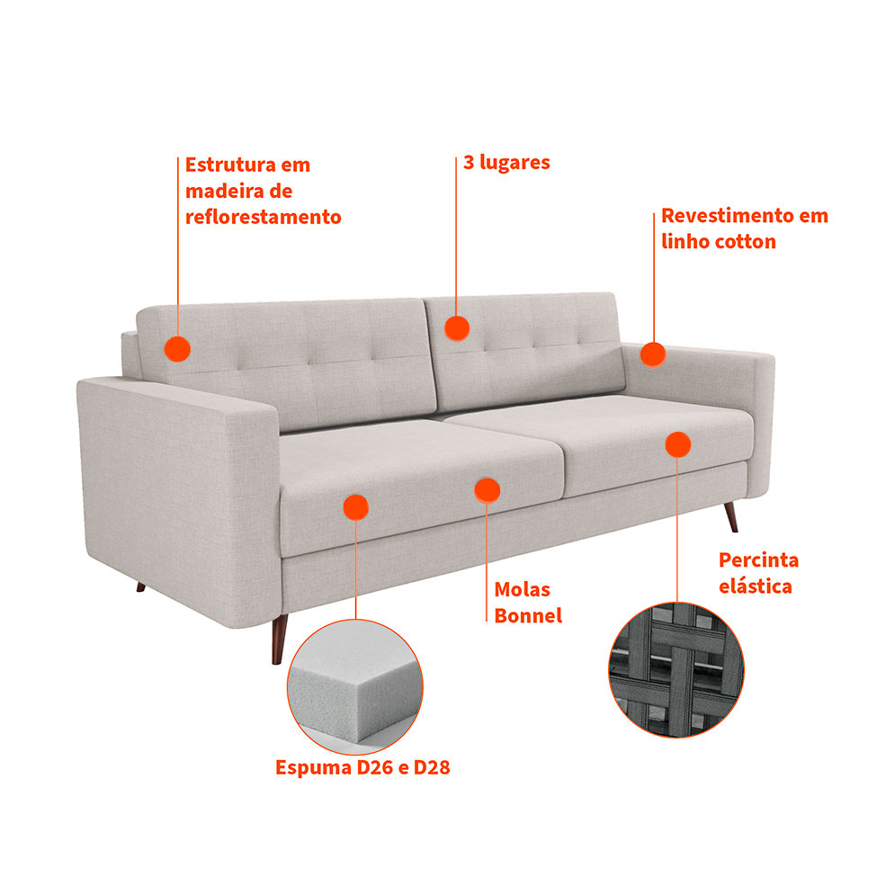 Sofá 3 Lugares Pé Palito Living Linho Cotton Cru