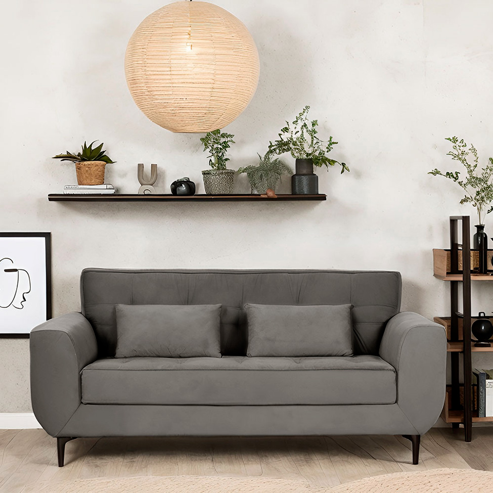 Sofá 3 Lugares Piacenza Suede Cinza 202 cm