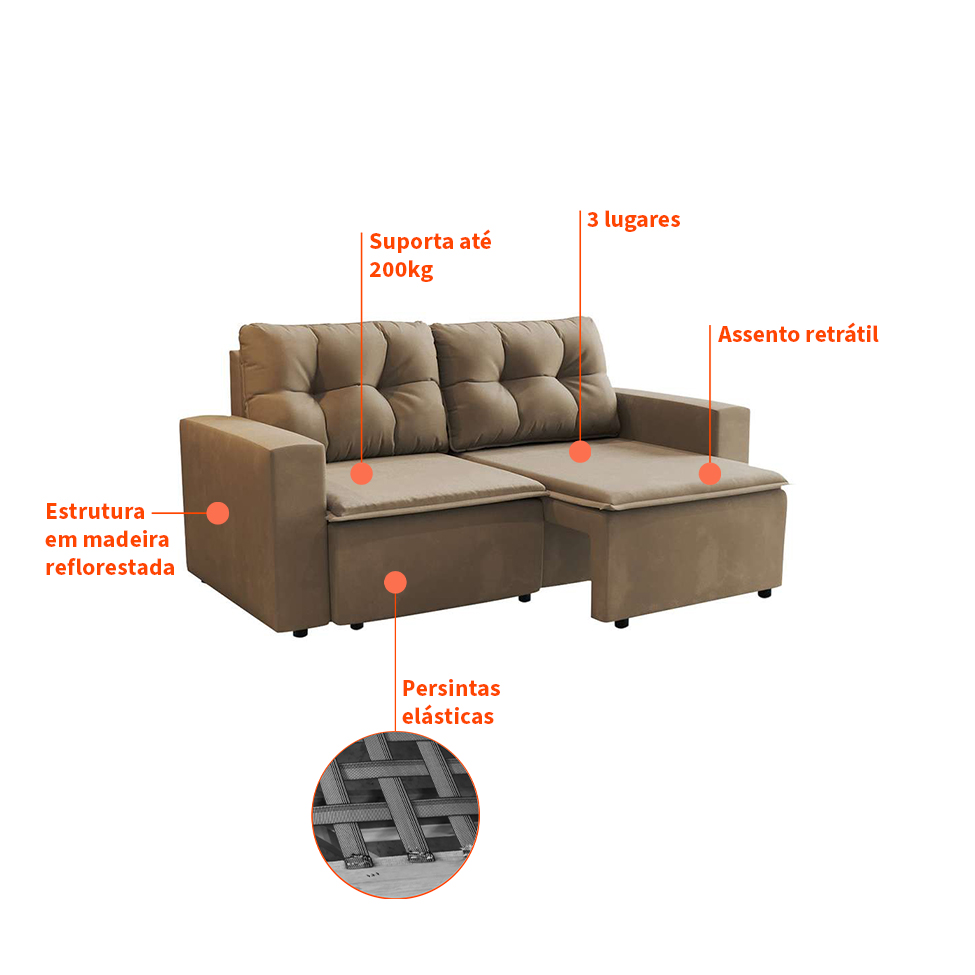 Sofá 3 Lugares Retrátil Amsterdã I Suede Bege 180 cm