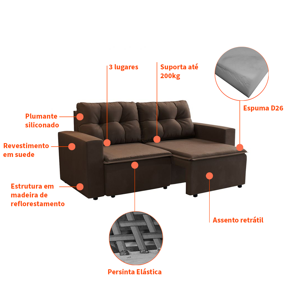 Sofá 3 Lugares Retrátil Amsterdã I Suede Marrom 180 cm