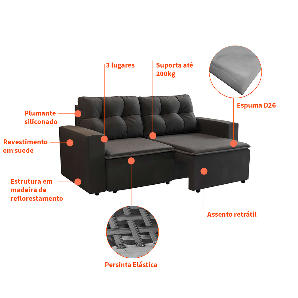 Sofá 3 Lugares Retrátil Amsterdã I Suede Preto 180 cm