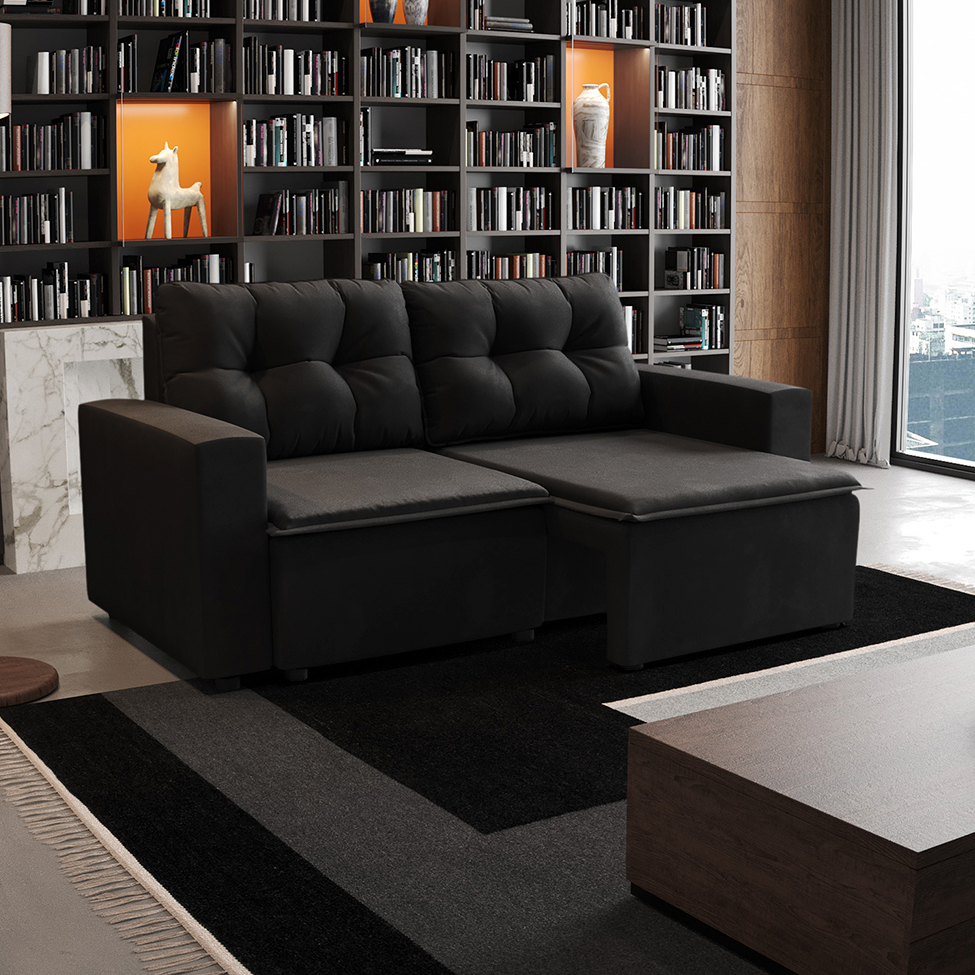 Sofá 3 Lugares Retrátil Amsterdã I Suede Preto 180 cm