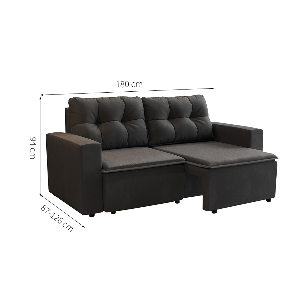 Sofá 3 Lugares Retrátil Amsterdã I Suede Preto 180 cm