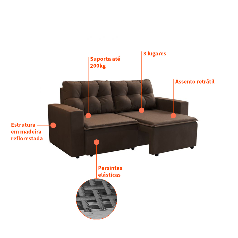 Sofá 3 Lugares Retrátil Amsterdã II Suede Marrom 210 cm