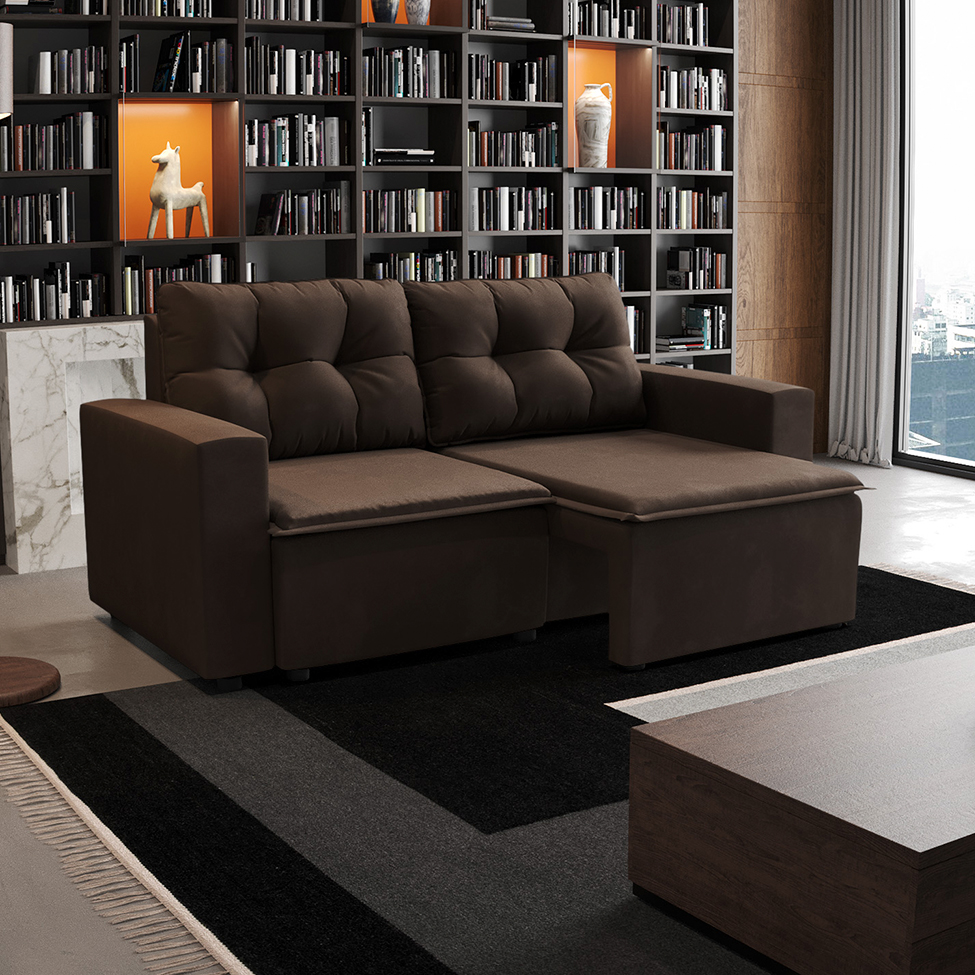 Sofá 3 Lugares Retrátil Amsterdã II Suede Marrom 210 cm