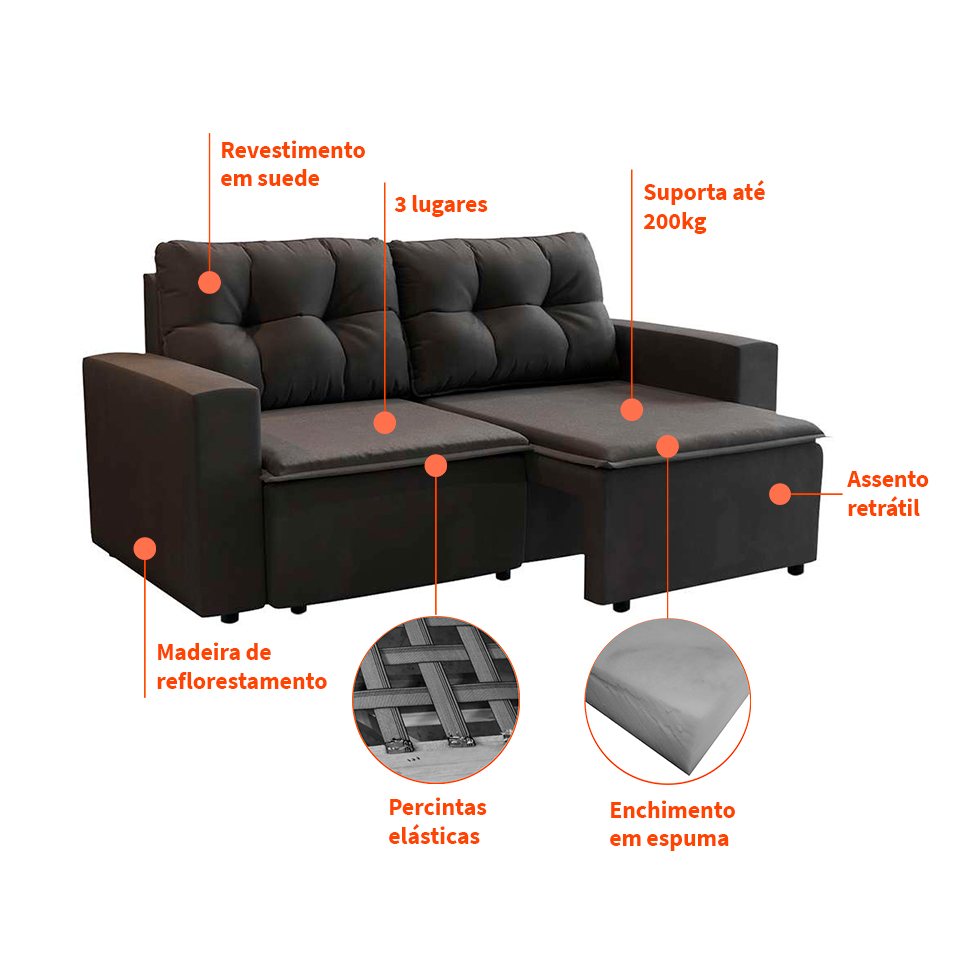 Sofá 3 Lugares Retrátil Amsterdã II Suede Preto 210 cm