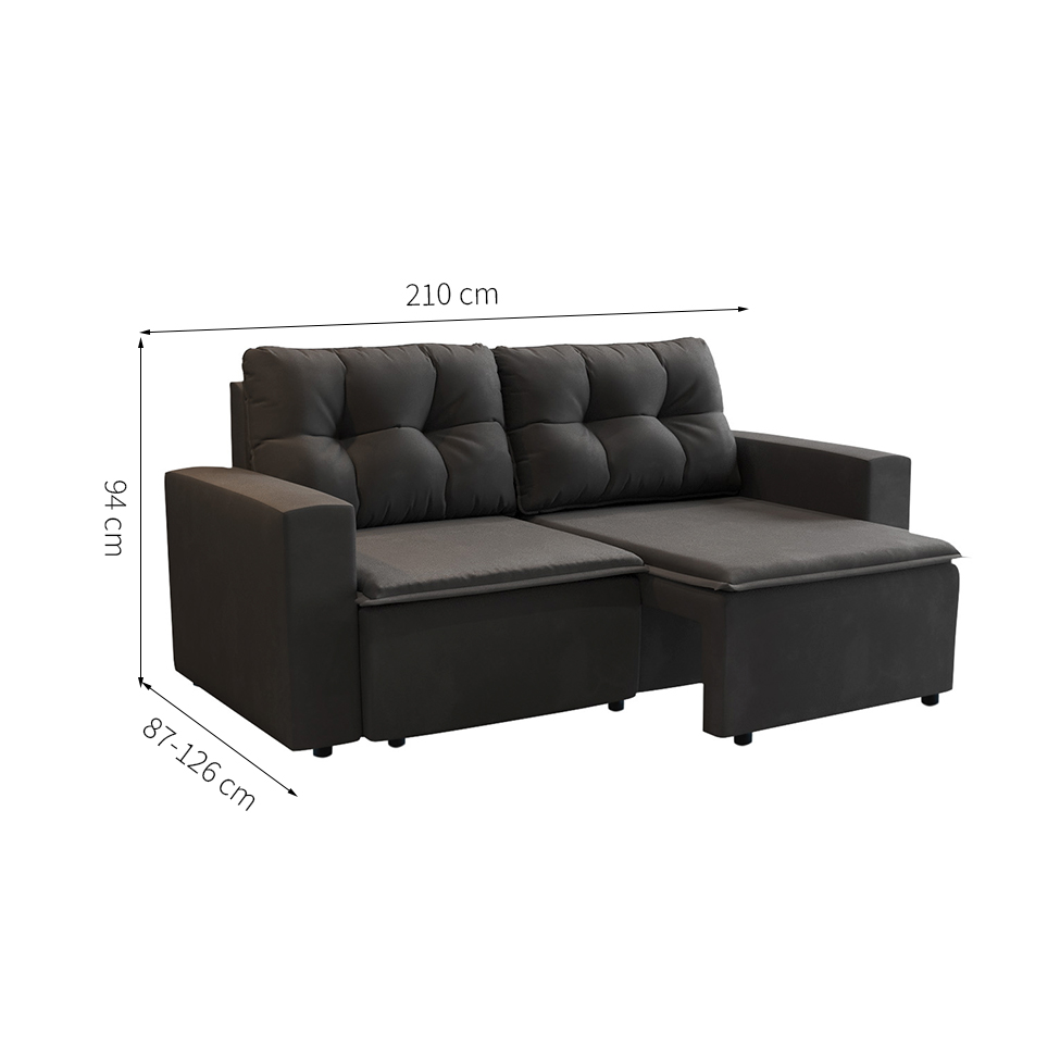 Sofá 3 Lugares Retrátil Amsterdã II Suede Preto 210 cm