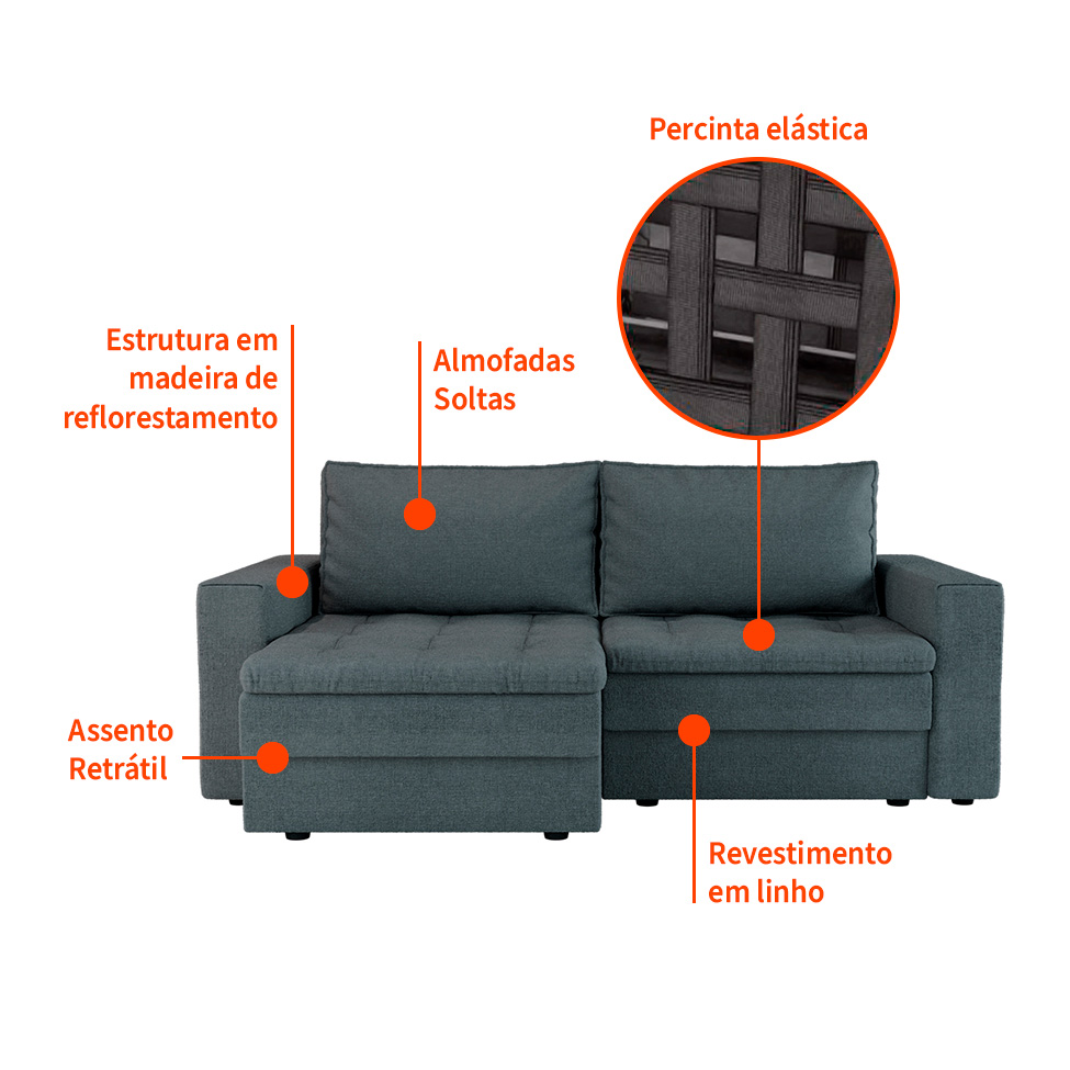 Sofá 3 Lugares Retrátil Berna Linho Cinza 210 cm