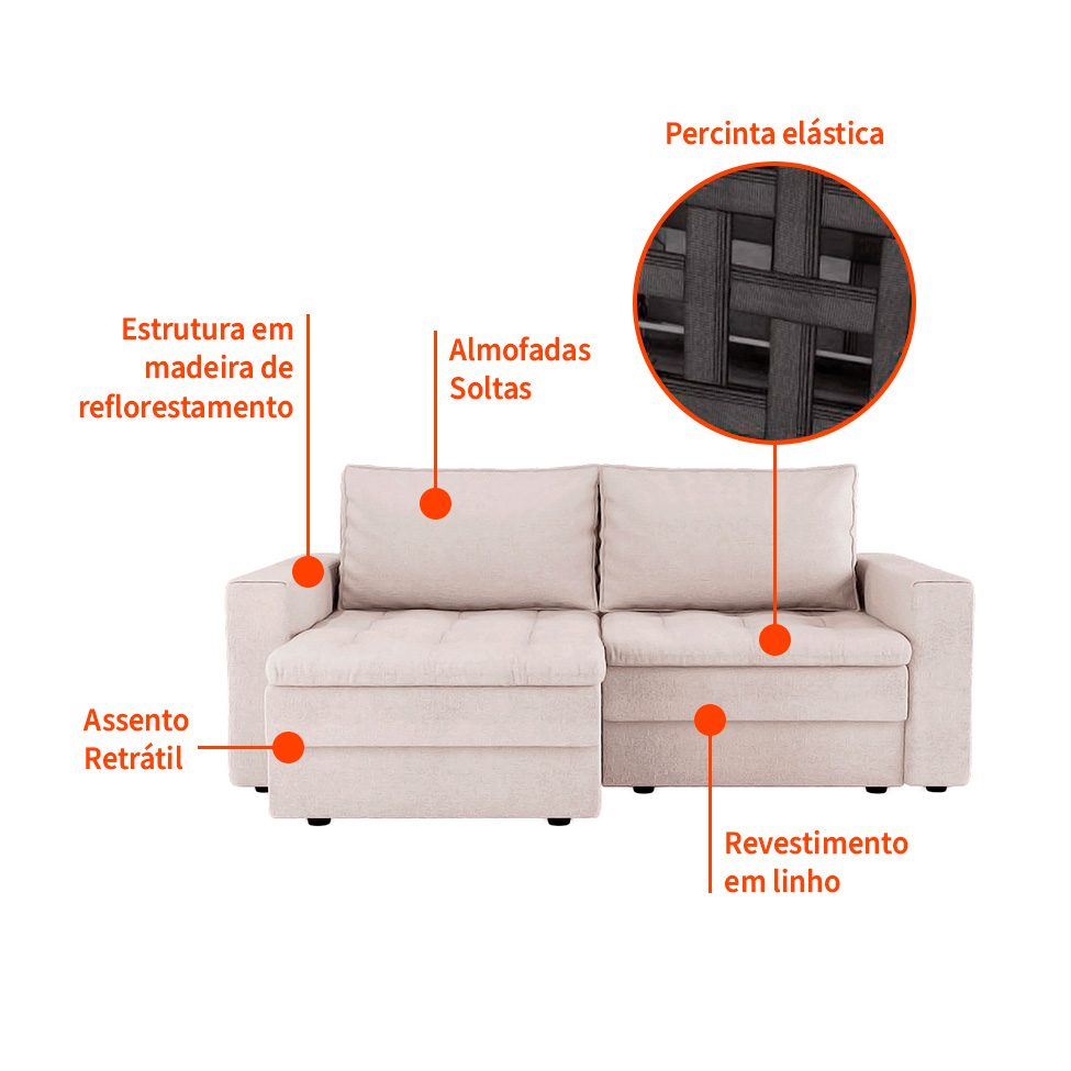 Sofá 3 Lugares Retrátil Berna Linho Cru 210 cm