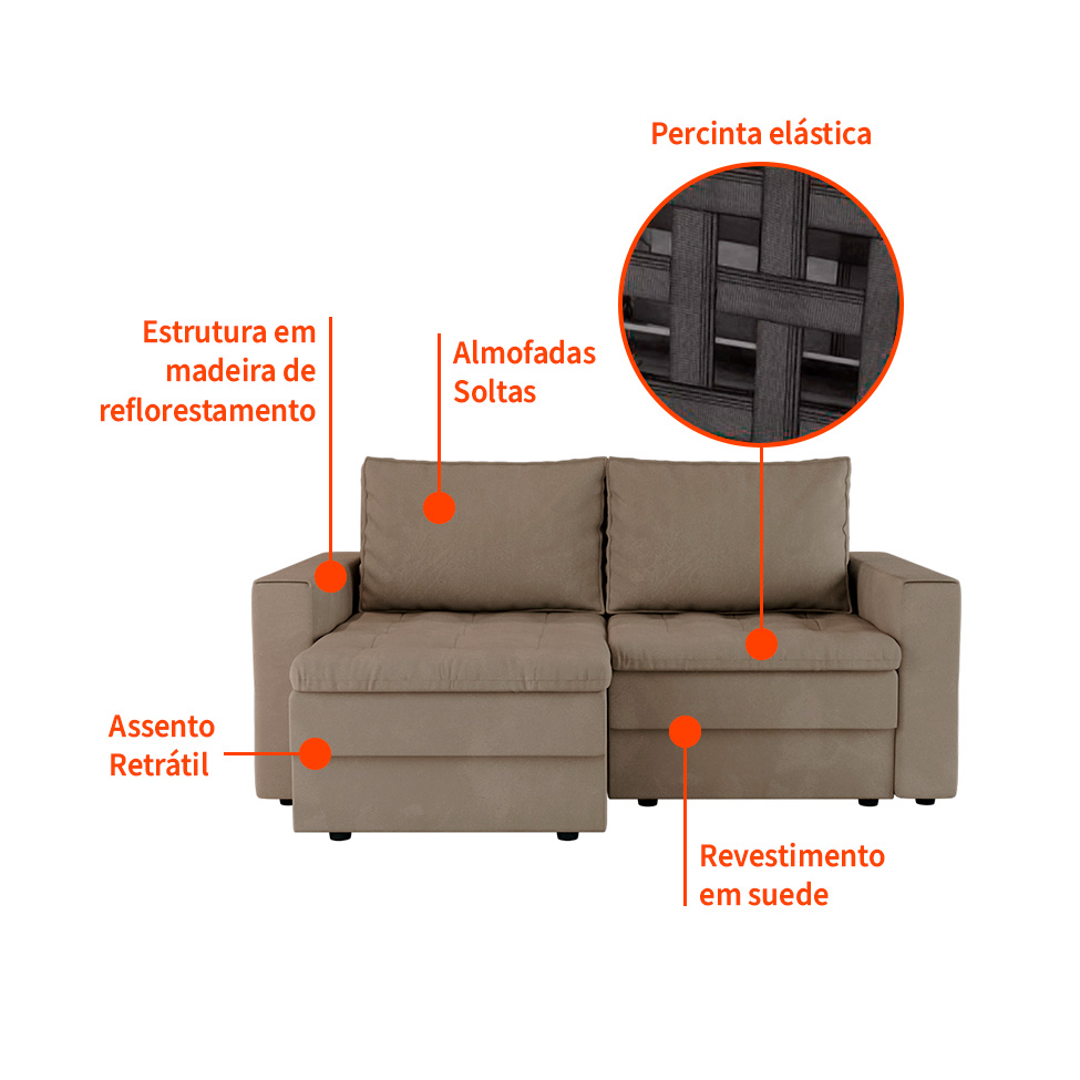 Sofá 3 Lugares Retrátil Berna Suede Bege 180 cm