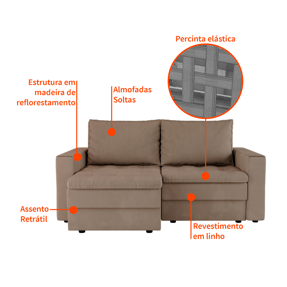 Sofá 3 Lugares Retrátil Berna Suede Bege 180 cm