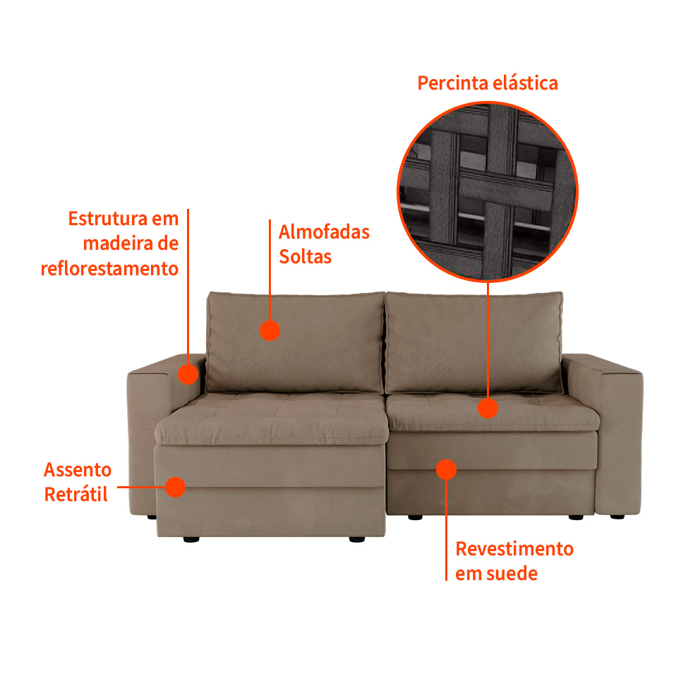 Sofá 3 Lugares Retrátil Berna Suede Bege 210 cm