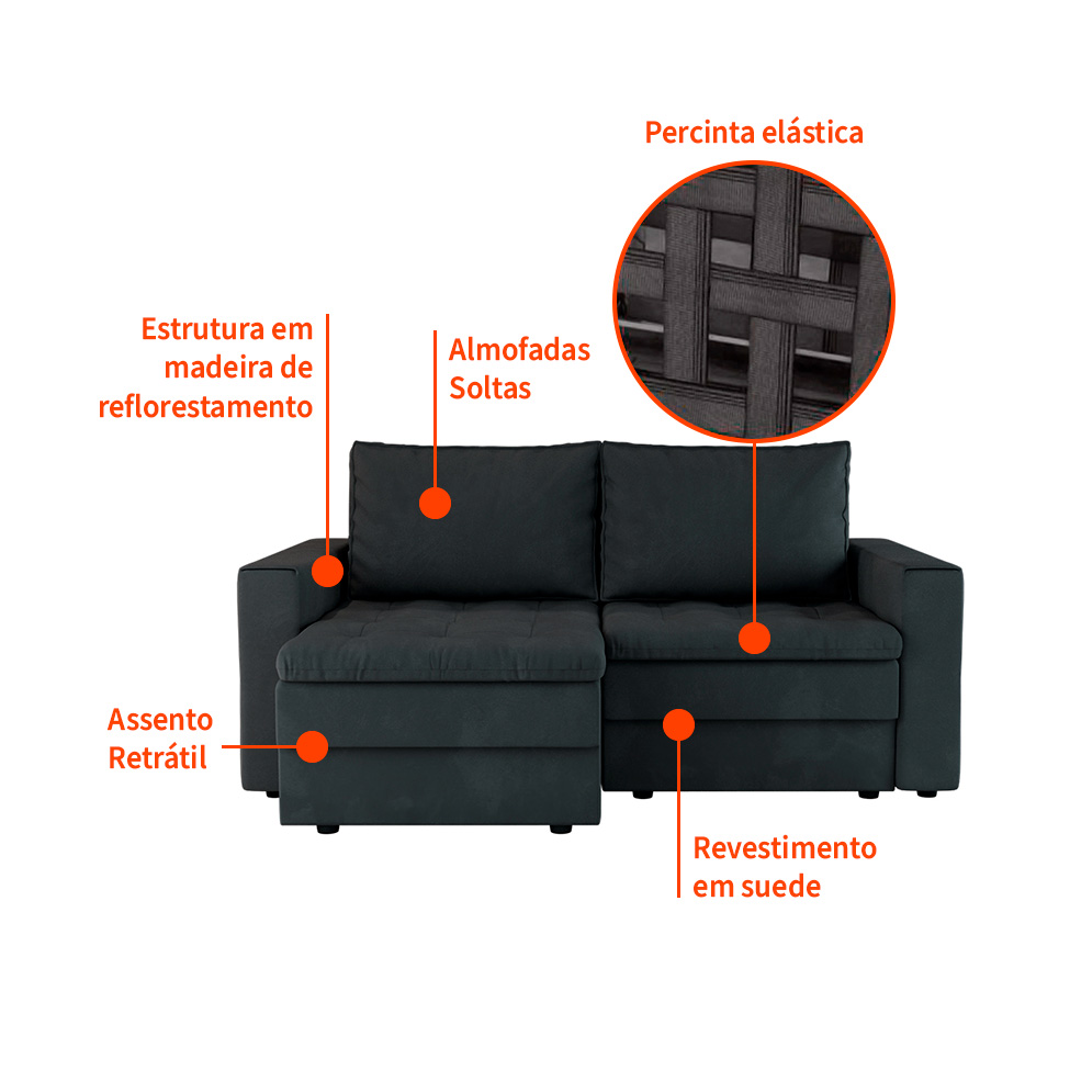 Sofá 3 Lugares Retrátil Berna Suede Grafite 180 cm