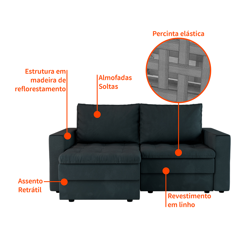 Sofá 3 Lugares Retrátil Berna Suede Grafite 180 cm