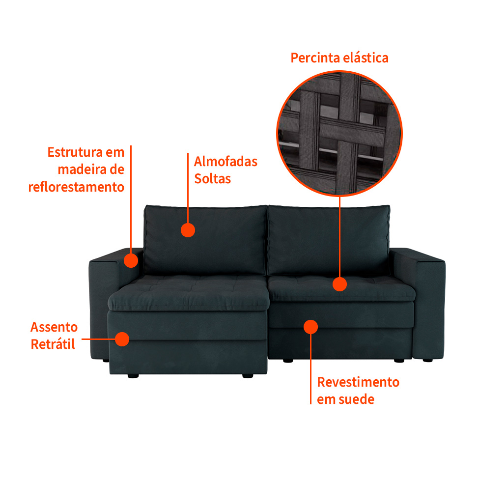 Sofá 3 Lugares Retrátil Berna Suede Grafite 210 cm