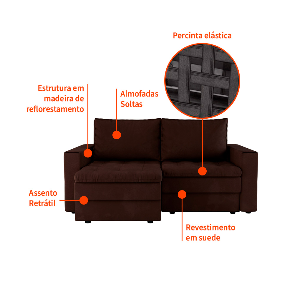 Sofá 3 Lugares Retrátil Berna Suede Marrom 180 cm