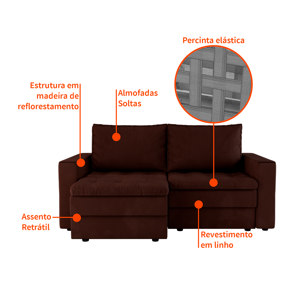 Sofá 3 Lugares Retrátil Berna Suede Marrom 180 cm