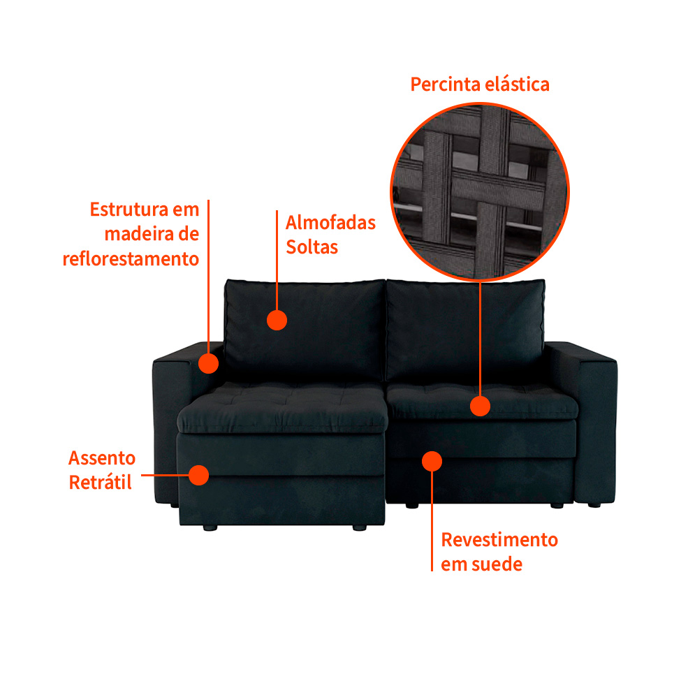 Sofá 3 Lugares Retrátil Berna Suede Preto 180 cm