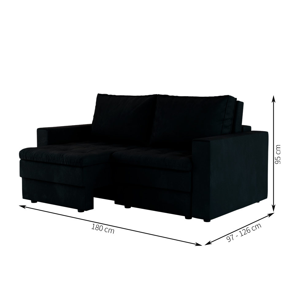 Sofá 3 Lugares Retrátil Berna Suede Preto 180 cm