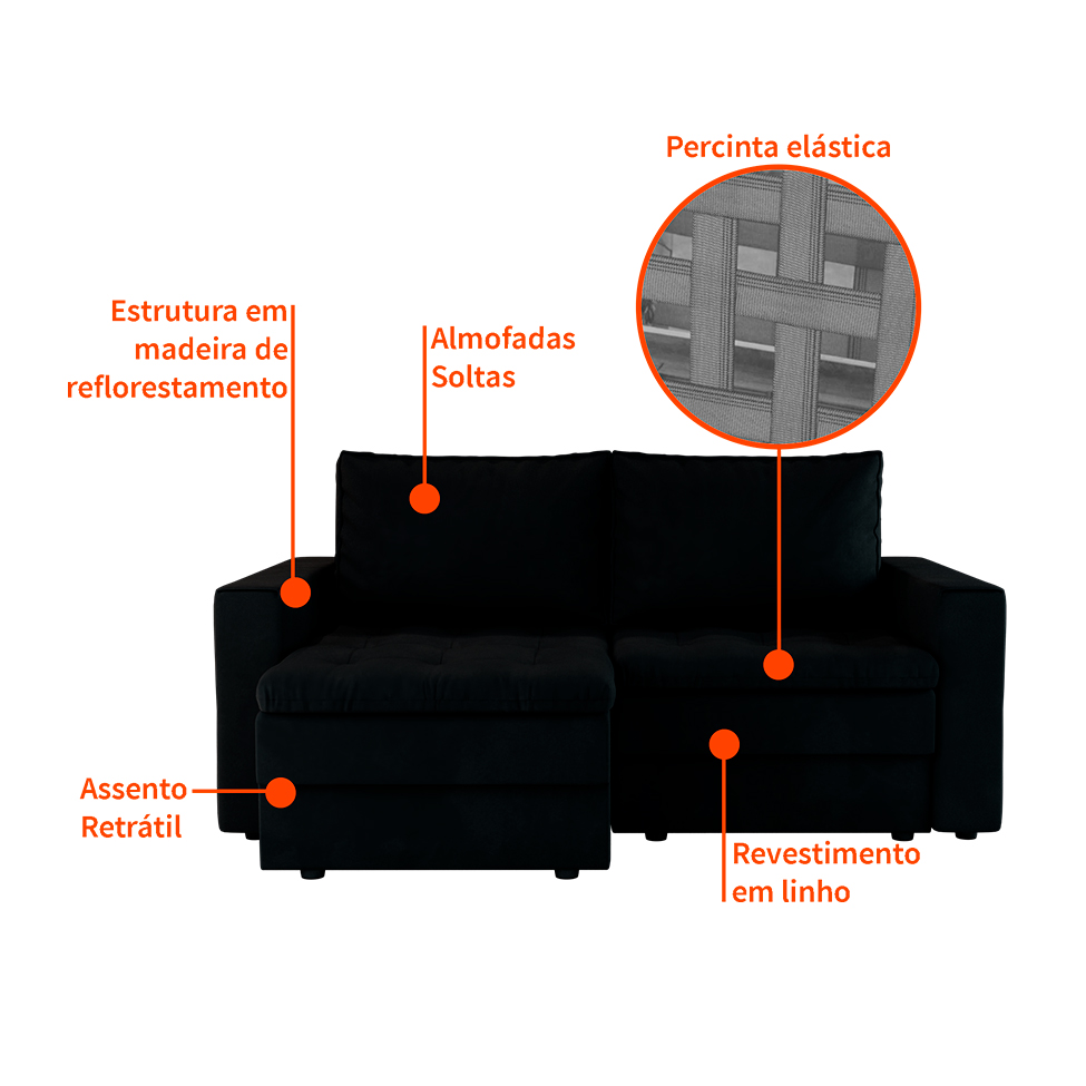 Sofá 3 Lugares Retrátil Berna Suede Preto 180 cm