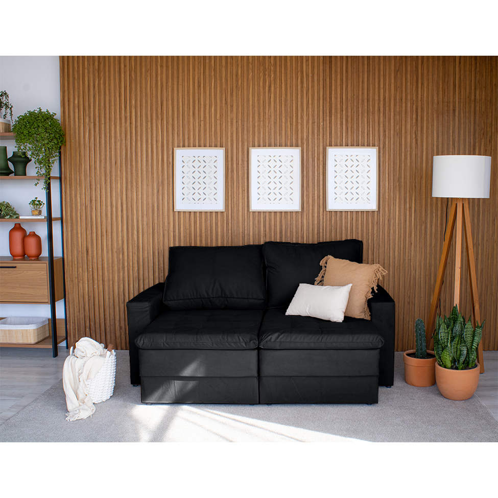 Sofá 3 Lugares Retrátil Berna Suede Preto 180 cm