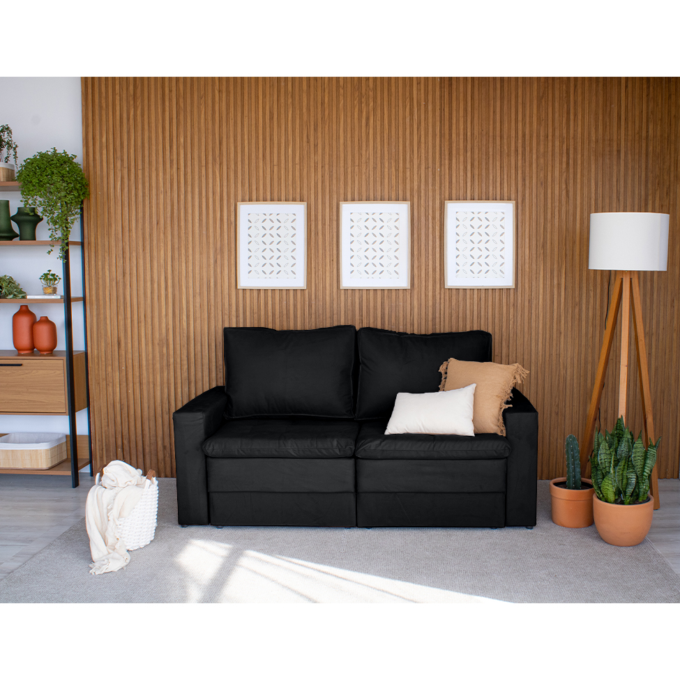 Sofá 3 Lugares Retrátil Berna Suede Preto 180 cm