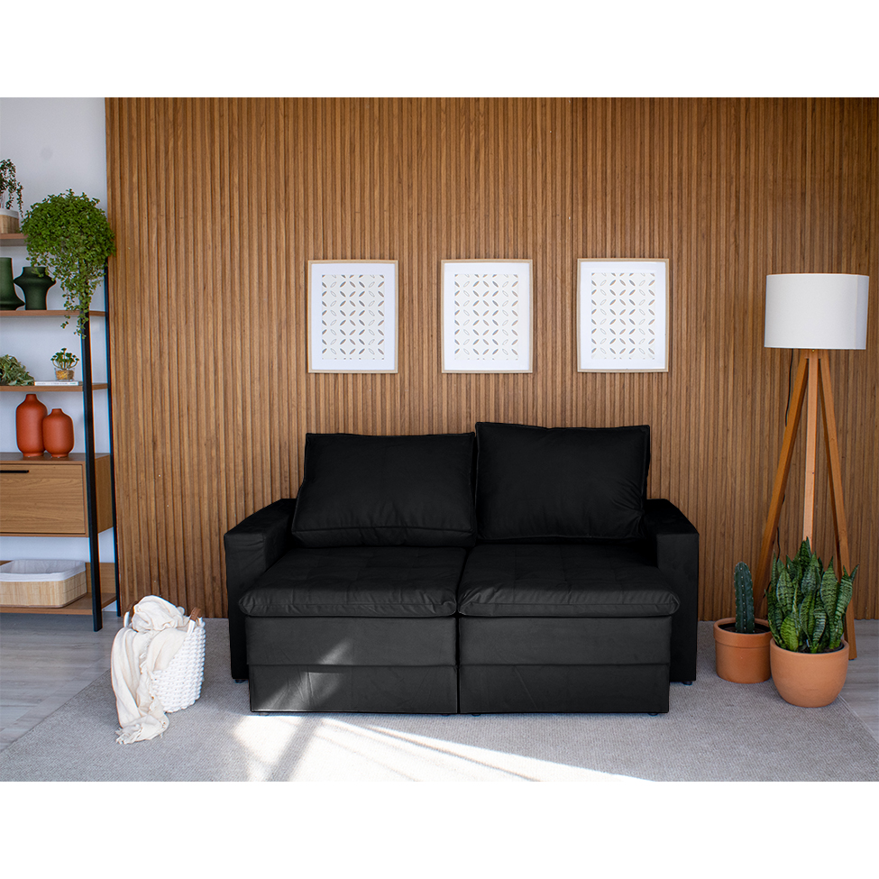 Sofá 3 Lugares Retrátil Berna Suede Preto 180 cm