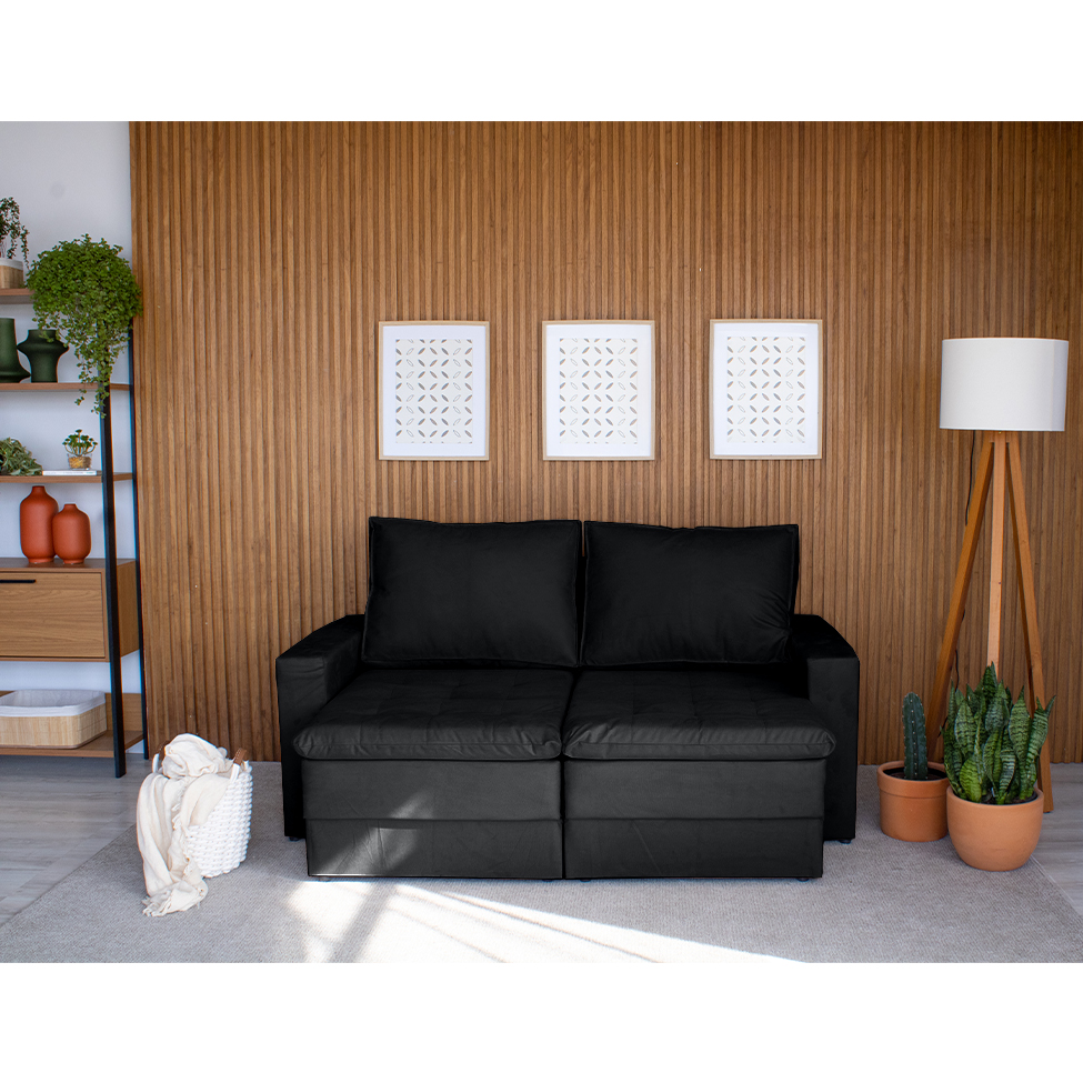 Sofá 3 Lugares Retrátil Berna Suede Preto 180 cm