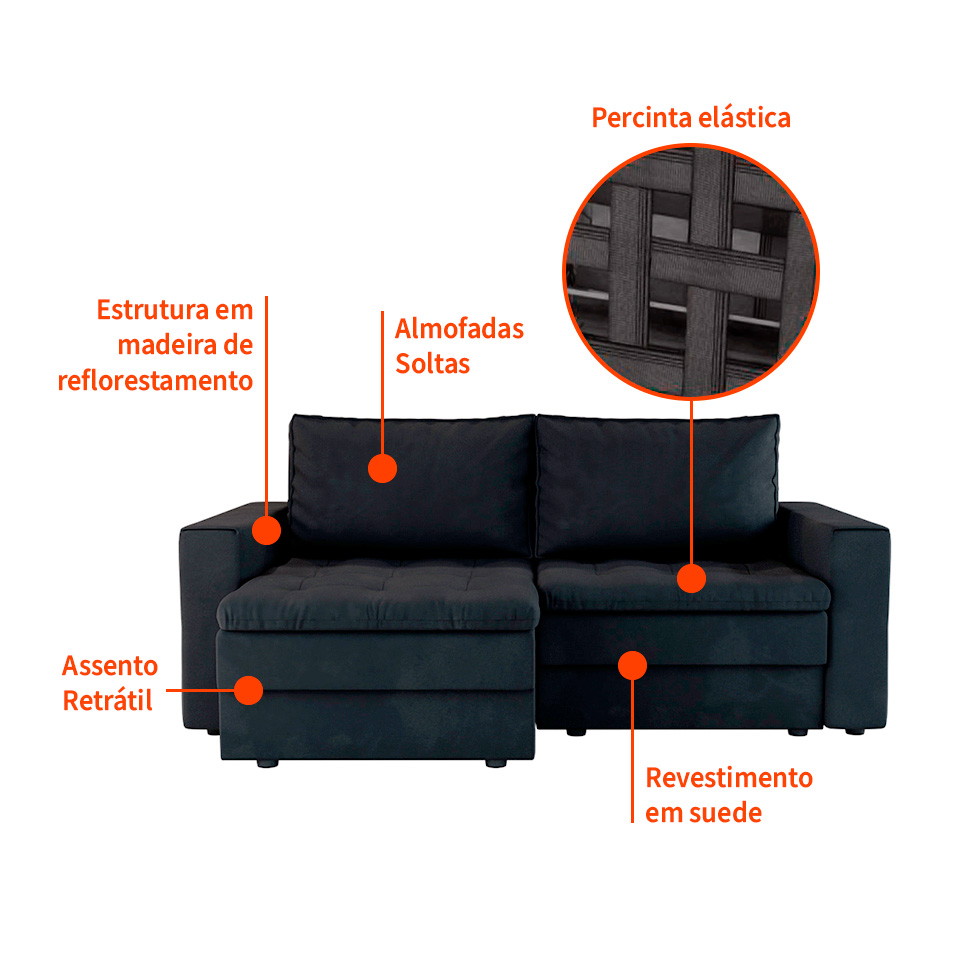 Sofá 3 Lugares Retrátil Berna Suede Preto 210 cm